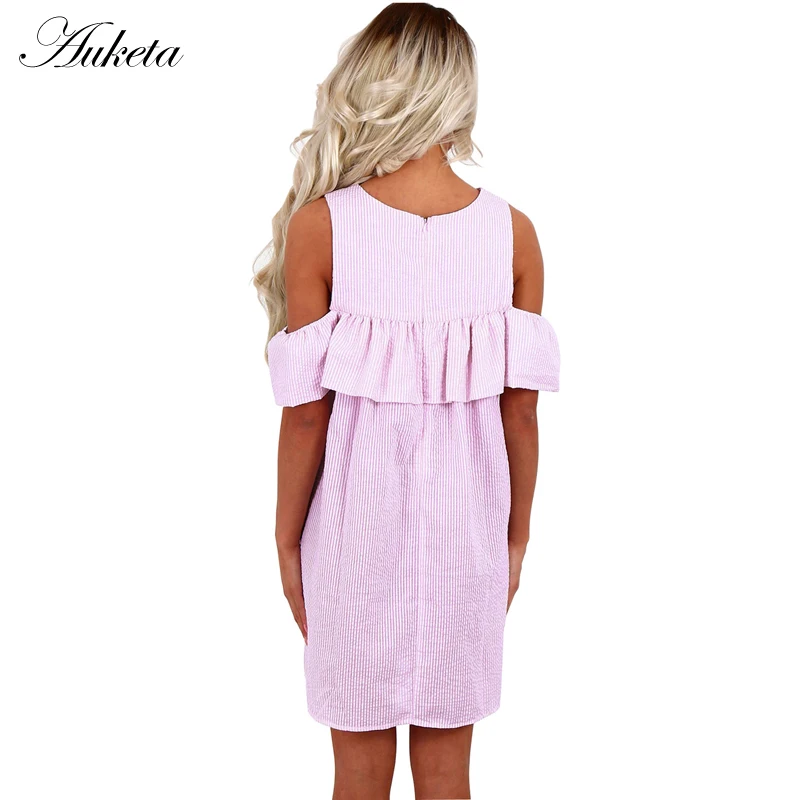 Auketa в полоску с открытыми плечами модные платья Женщины оборками круглым вырезом