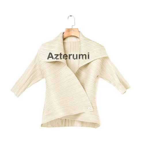 beige Azterumi специальная плиссированная Женская куртка с отложным воротником Женская открытая стежка пальто с рукавом до локтя Белый Хаки Красный Черный Бежевый Топы - Цвет: beige