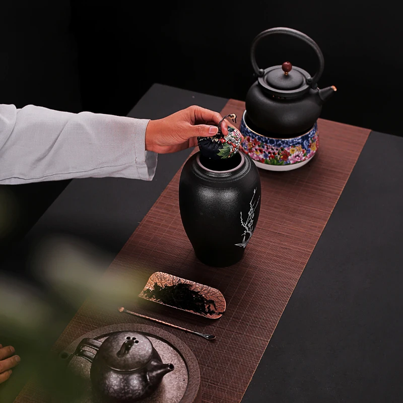 

Black Zen Japanese Style Coarse Pottery Tea Cans Silver Painted Plum Blossom Tea Canister Tea Storage Bottles Vintage Home Decor