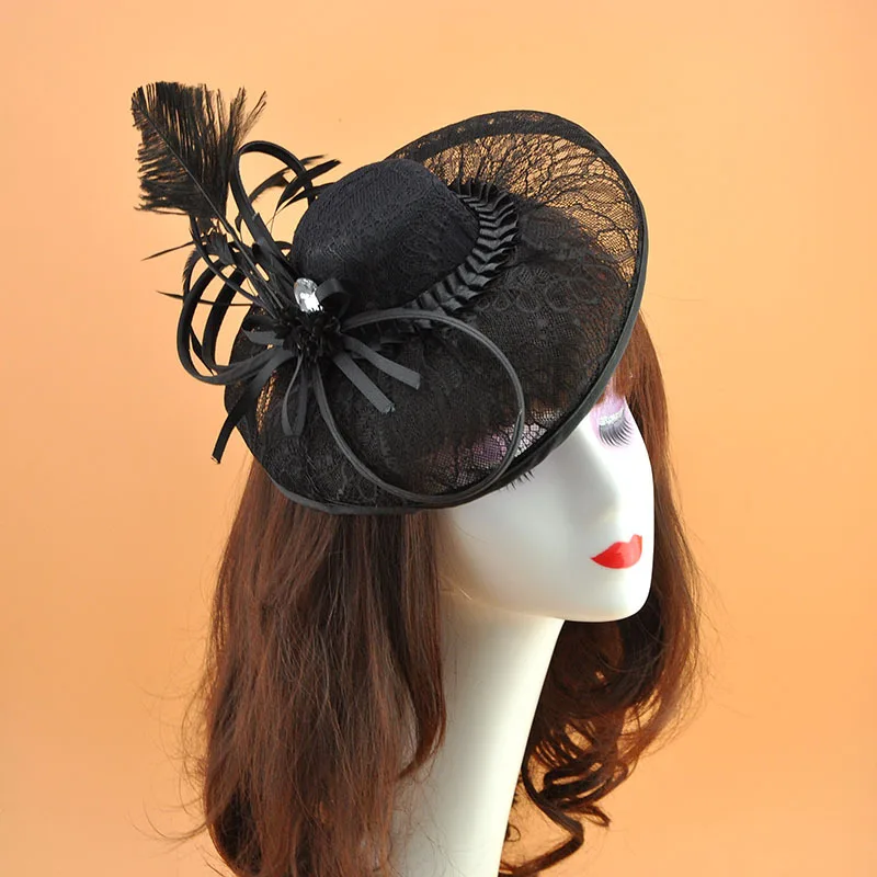 black Королевские шляпы, шляпа невесты, свадебные перьевые кружевные церковные шляпы для черных женщин, Британский ретро-архаичный Pamelas Y Sombreros Para Bodas - Цвет: black