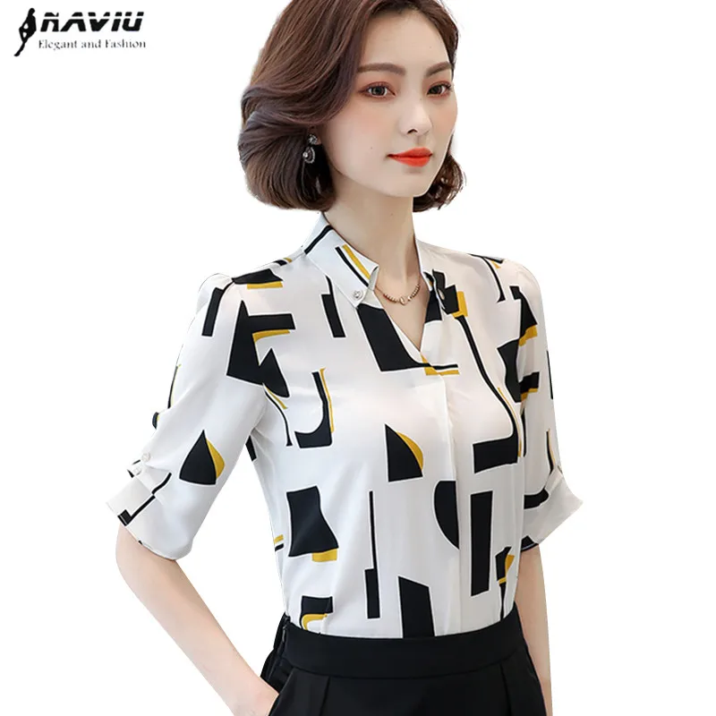 Элегантная женская шифоновая рубашка с коротким рукавом, летняя Новинка, модная блузка с v-образным вырезом и принтом, офисные женские топы размера плюс