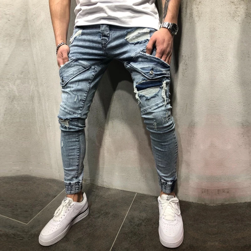 Мужские рваные проблемных хип хоп Уличная Рваные джинсы Slim Fit прямые синие Винтаж