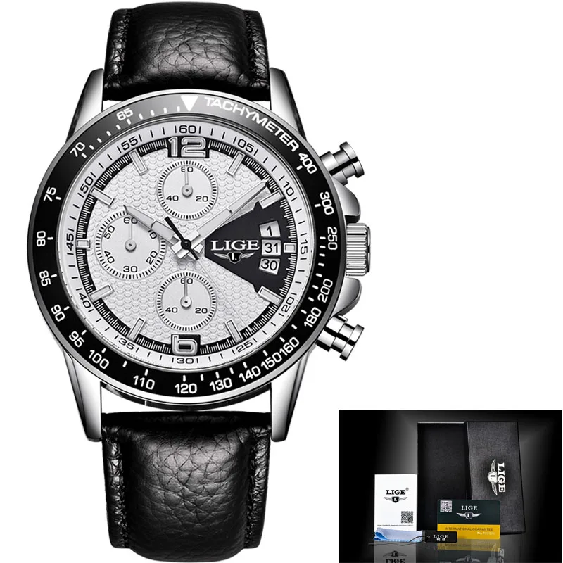 

2020 LIGE Mens Watches Top Brand Luxury Military Sport Watch Mens Leather Waterproof Watch Analog Quartz Watch Erkek Saat + Box