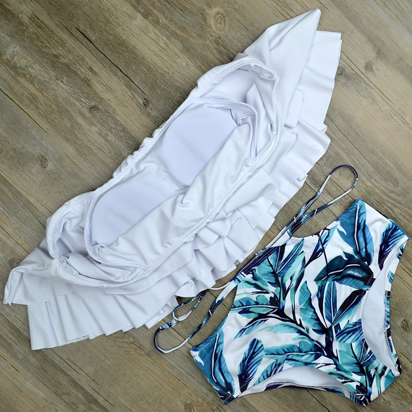 Женский купальник с завышенной талией бикини принтом листьев и открытыми