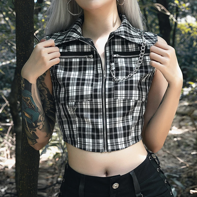 Black Gothic Chic Sexy Crop Tops Women T-shirt White Black Plaid Punk Streetwear Zipper Chain Plaid Female Goth Retro Hi Hop Camis Top - Цвет: Black