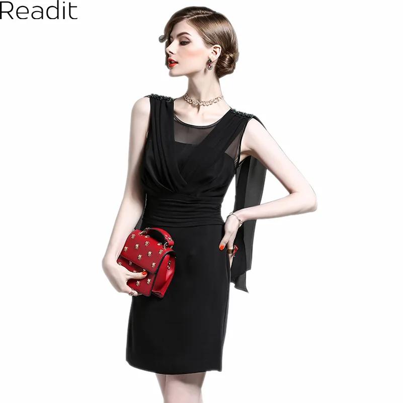 Readit Women Dress 2017 Spring Summer Black Mini Beading Shoulder With Cape Fashion Sexy Bodycon D2264 | Женская одежда
