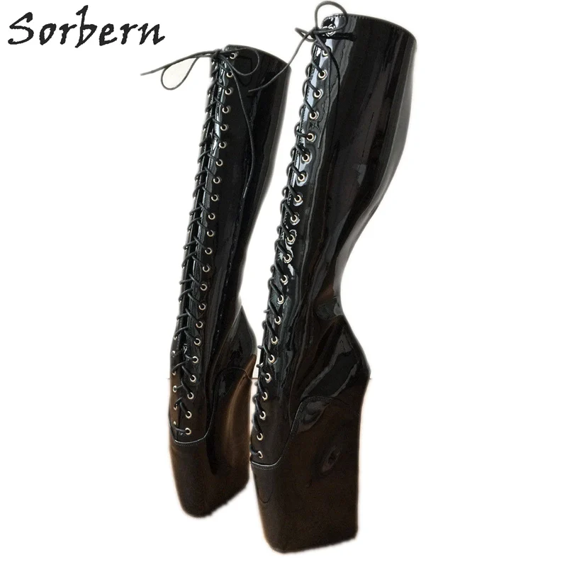 

Sorbern Ballet Wedge Lace Up Knee Hi Boots Women Hoof Heelless Fetish Shoes Dominatrix Black Patent Custom Wide Leg /Calf Size