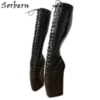sorbern ballet wedge lace up knee hi boots women hoof heelless fetish shoes dominatrix black patent custom wide leg calf size