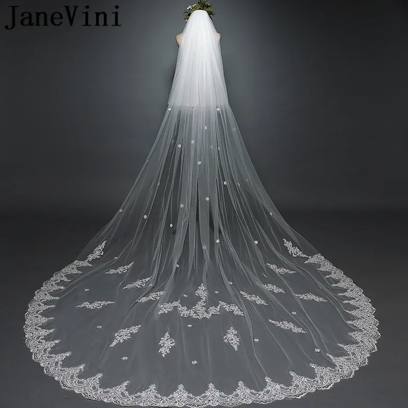 

JaneVini 2018 Long Lace Edge Wedding Veil With Comb Cover Face Two Layers Bridal Veils Appliques Bride Accessories Veli Sposa