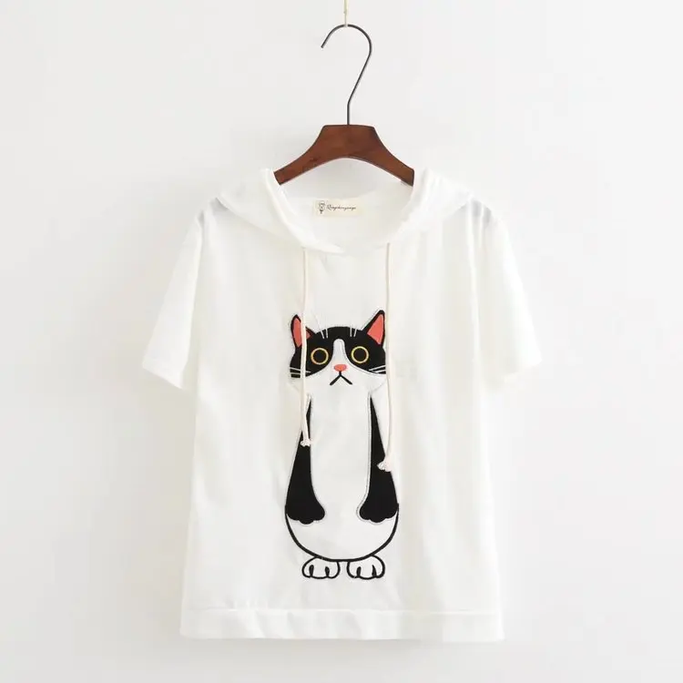 Лето-осень 2017 футболка с вышитым котом из мультфильма женские Забавные милые