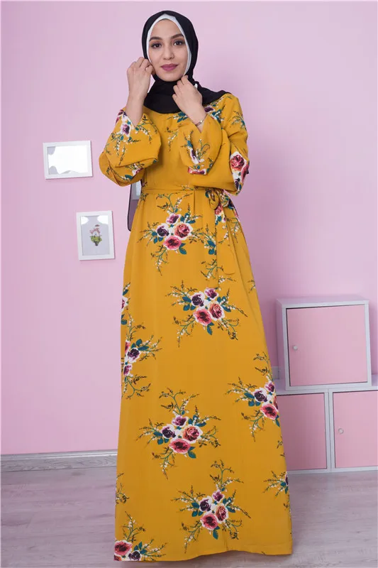 Новое Женское мусульманское длинное платье для девочки Jilbab abaya бальное платье Дубай с цветочным принтом пояс арабский Средневосточный платье мусульманская одежда Рамадан Мода