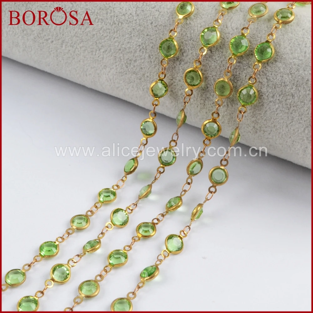 

BOROSA Gold Color 7mm Green Crystal Druzy Crystal Faceted Beads Coin Rosary Chains for Necklace Drusy Beads Chains DIY JT195