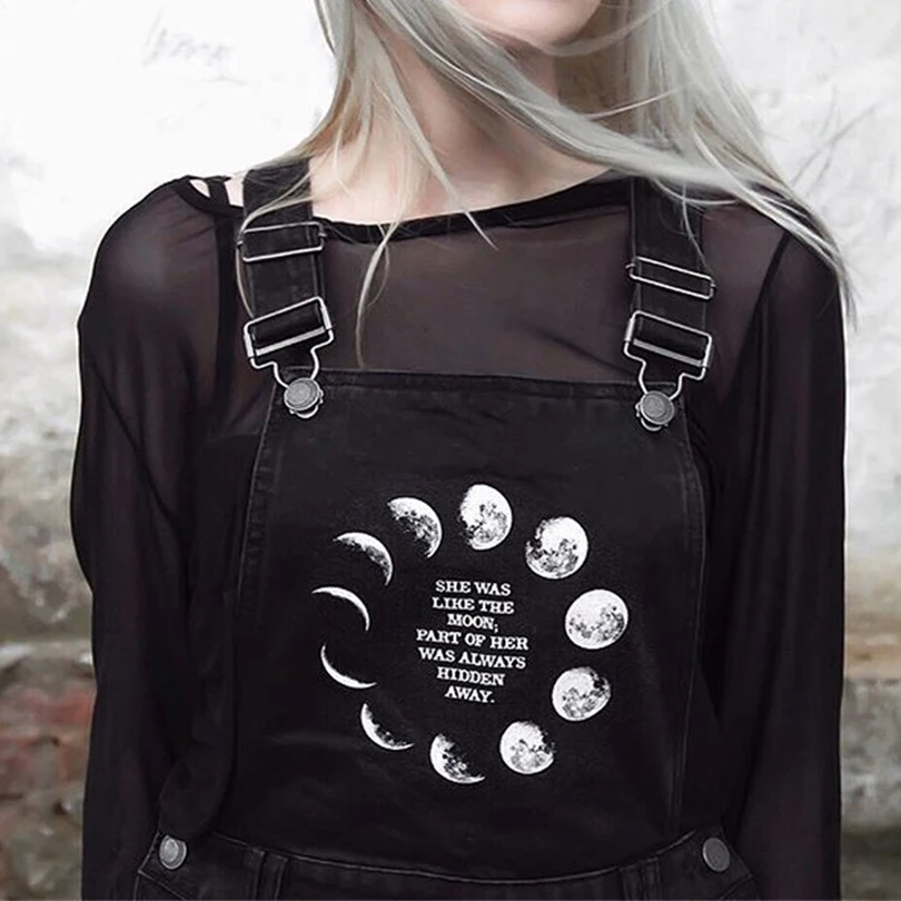 Moon Phase Printed Denim Overalls Shorts for Women Summer Gothic Straps Streetwear Girls Punk Letter | Женская одежда