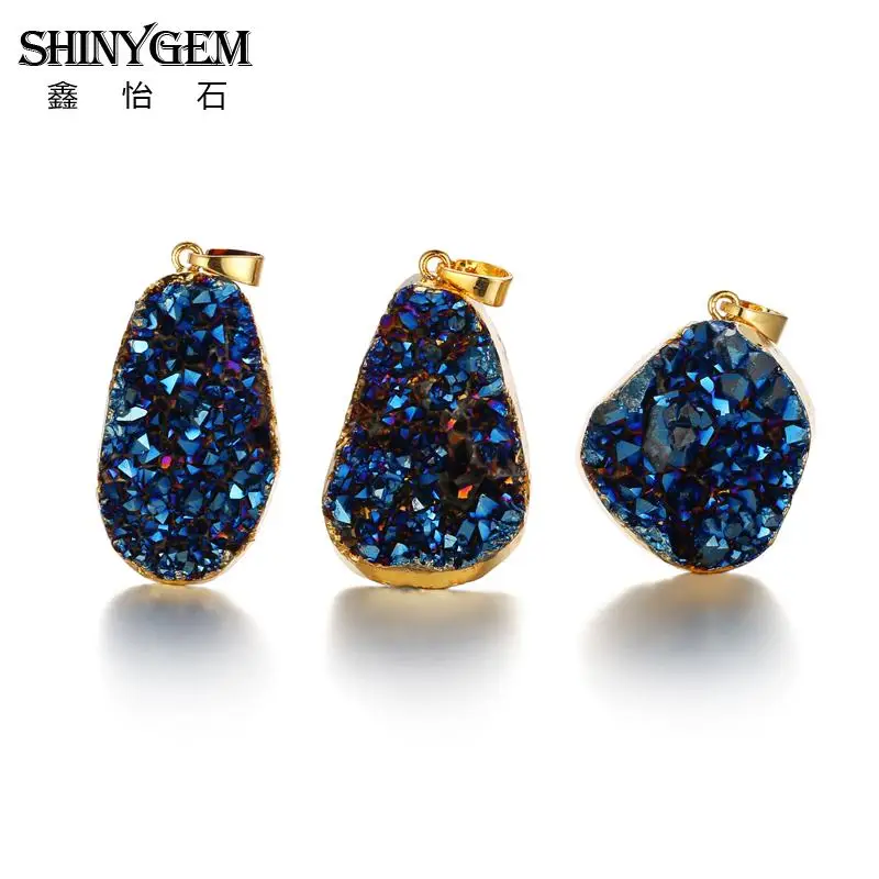 Blue Подвеска ShinyGem с натуральным друзным кристаллом, золотой край, несимметричный кристалл, опал, подвеска, чакра, натуральный камень, Подвески для изготовления ювелирных изделий - Окраска металла: Blue
