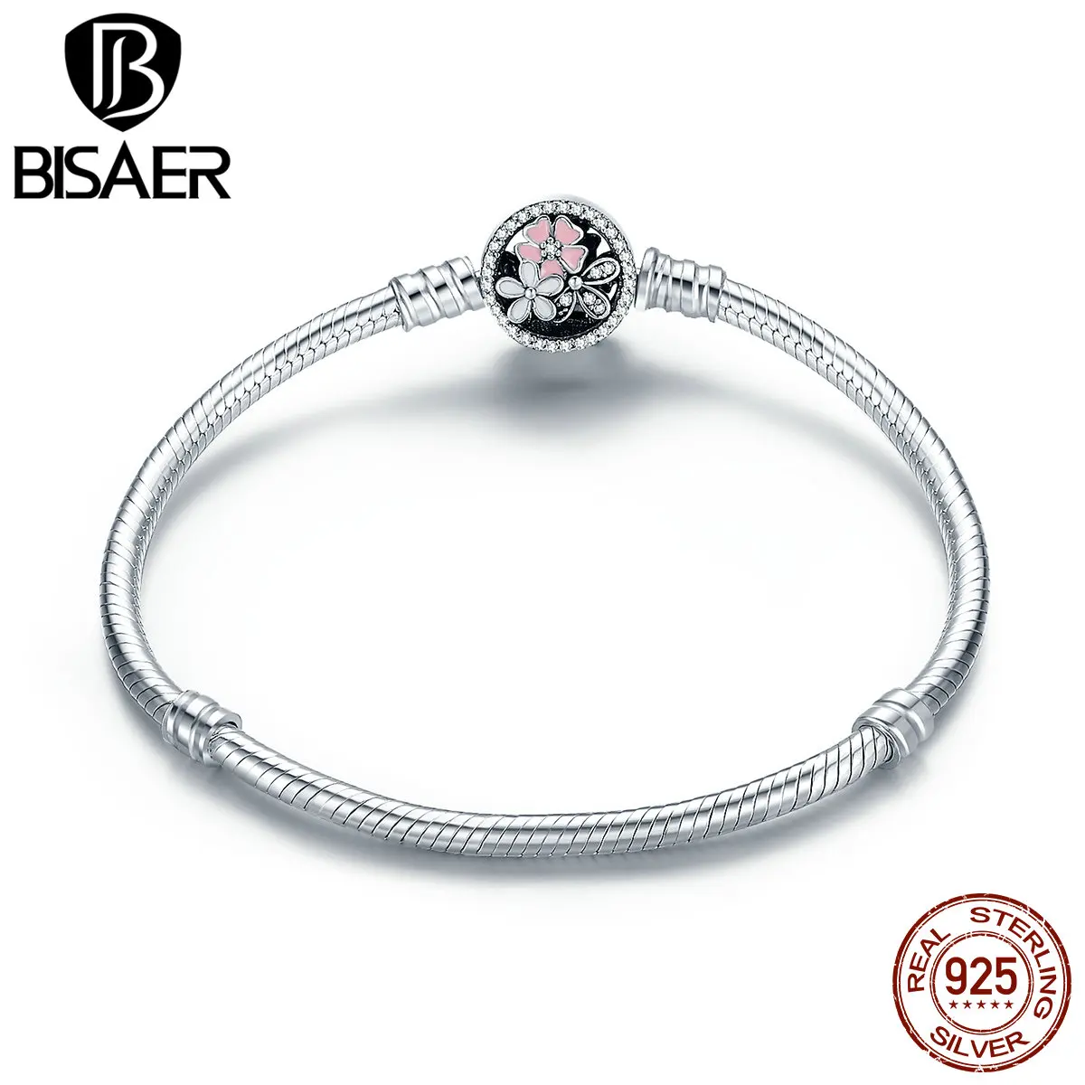 BISAER, 925 пробы, серебряный, розовый цветок, поэтическая Маргаритка, вишневый цвет, базовый браслет-цепочка для женщин, модное ювелирное изделие, HJS919