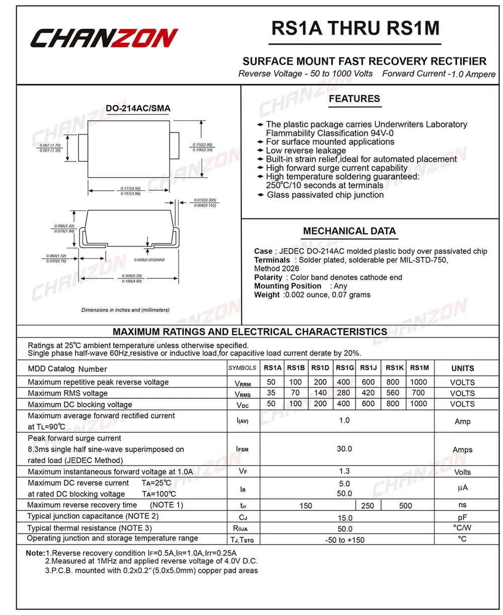 (100 шт.) модель RS1M SMD супер фотолампа 1 А 1000 В 35NS SMA (быстрое восстановление