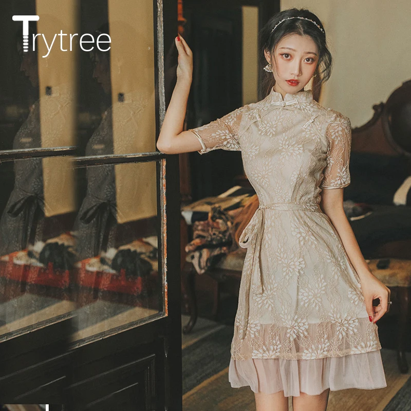 Trytree летнее женское платье, повседневное, элегантное, воротник-стойка, китайская Пряжка, кружевные платья с поясом, ТРАПЕЦИЕВИДНОЕ, до колен, платье чонсам