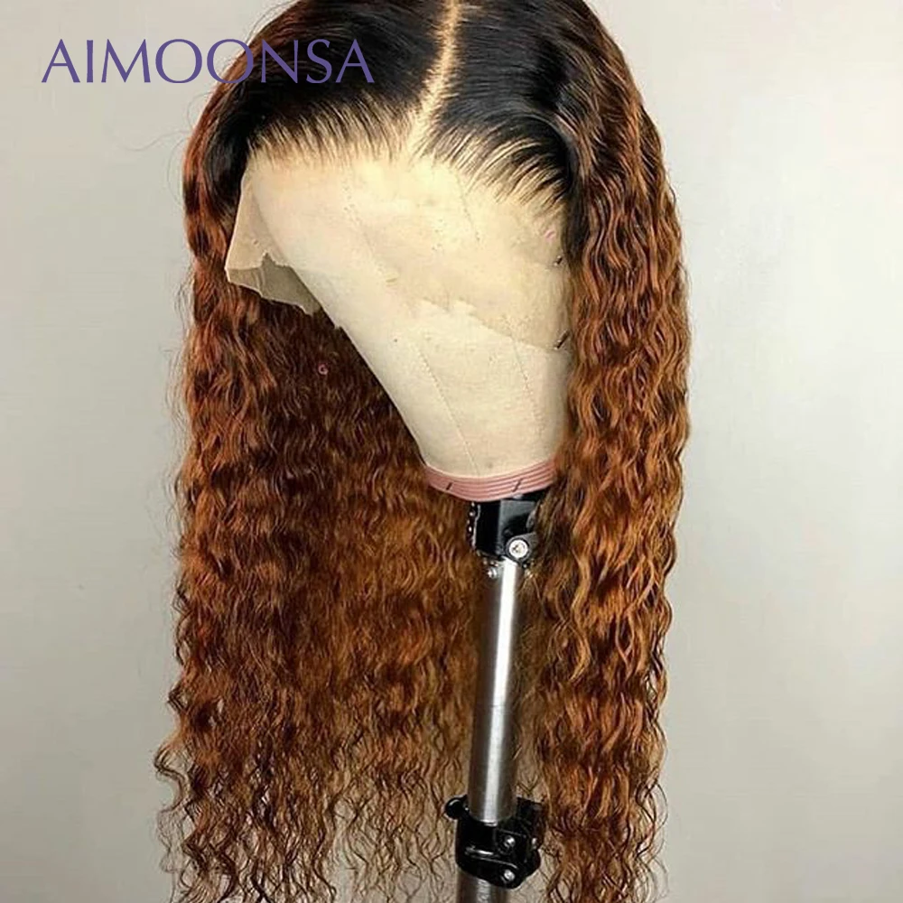 

1b/30 Brown Lace Front Wigs Curly Human Hair Wigs Honey Blonde Lace Front Wigs 150% Density Dark Roots Remy Aimoonsa