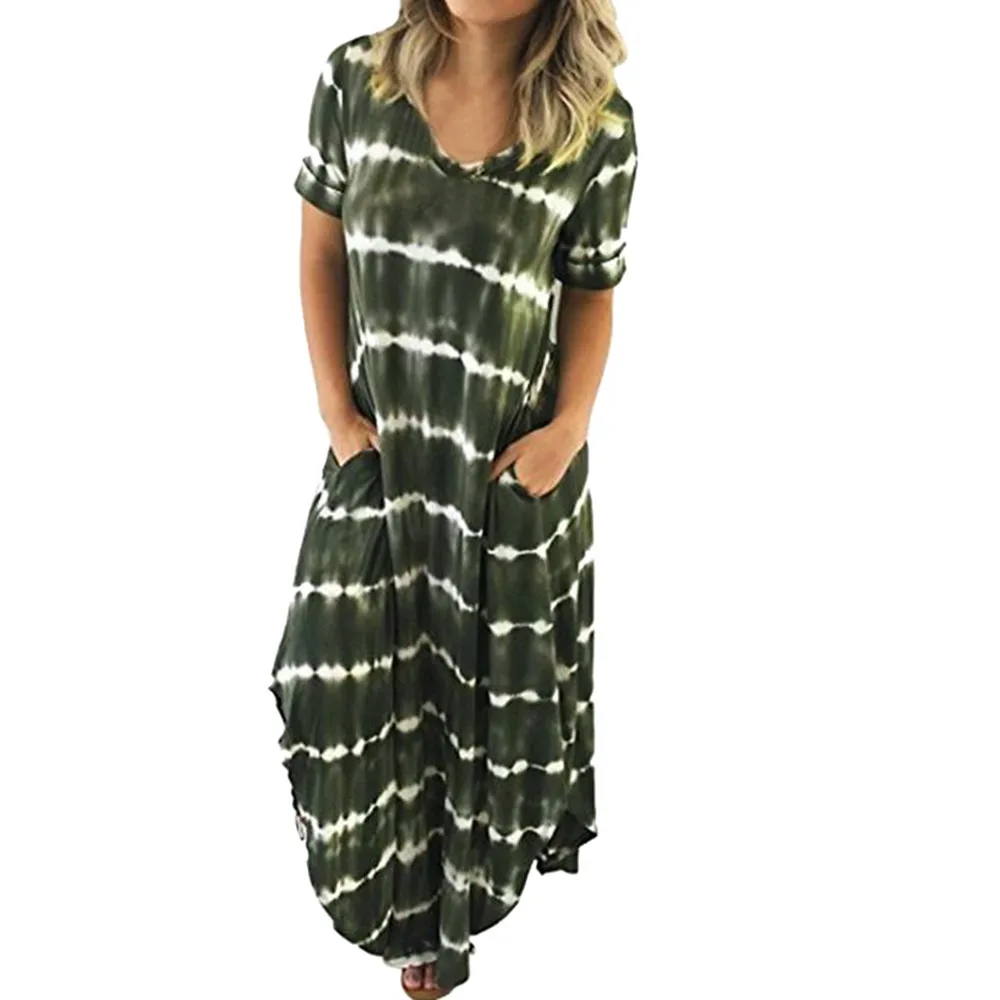 2019 Летнее Длинное Платье женское шикарное Стильное повседневное Полосатое