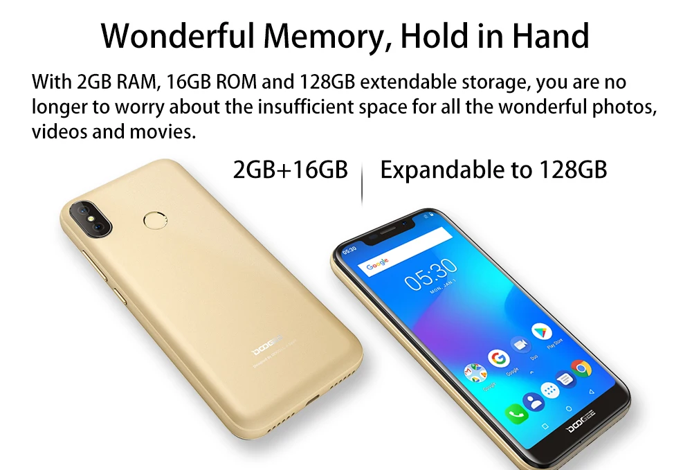 Смартфон DOOGEE X70 с функцией разблокировки лица 5,5 ''u-образная 19:9 MTK6580 четырехъядерный процессор 2 Гб ОЗУ 16 Гб ПЗУ Двойная камера 8,0 МП Android 8,1 4000 мАч