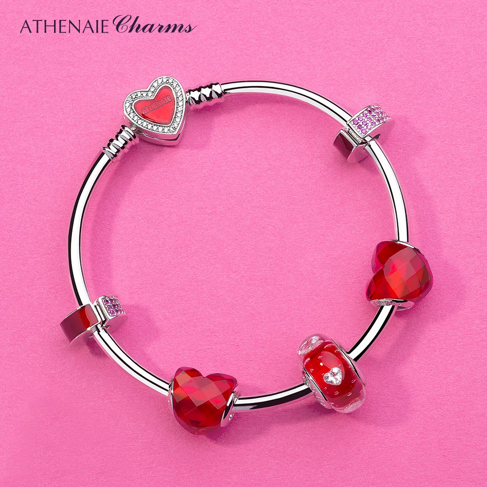 ATHENAIE,, 925 пробы, серебро, сердце, форма любви, красные бусины для шармов, браслет, ювелирное изделие, подарок на день Святого Валентина