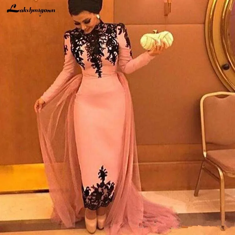 

Pink Muslim Evening Dresses 2019 Sheath Long Sleeves Appliques Lace Formal Islamic Dubai Saudi Arabic Long Prom Evening Gown