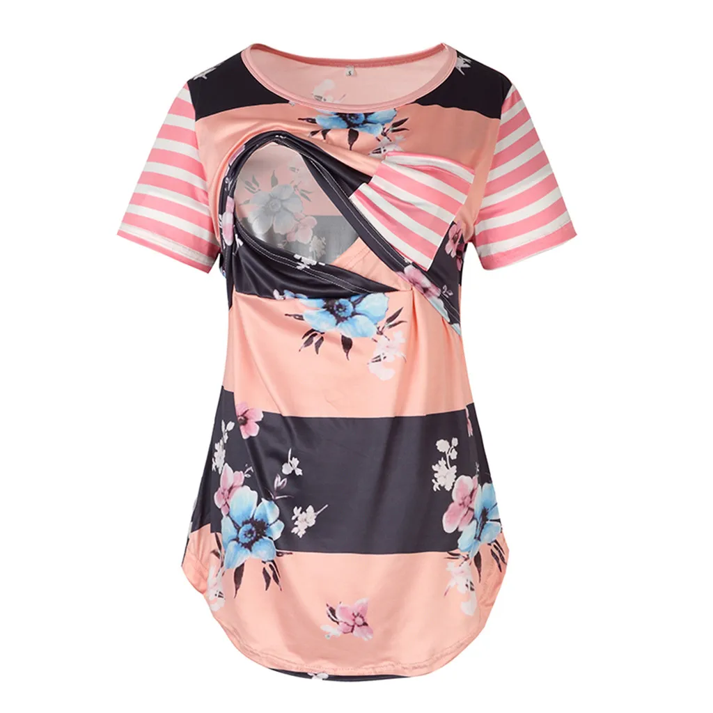 Топы для беременных женщин кормящие с коротким рукавом полосатый Принт пэчворк