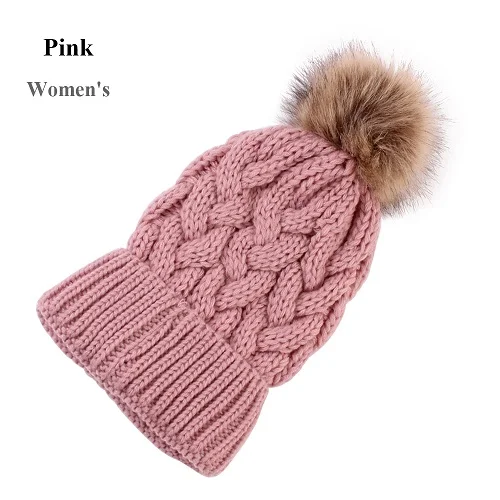 pink hat Повседневная Толстая теплая зимняя вязаная шапка для женщин, меховая шапка с помпоном, вязаная крючком, лыжная шапка, повседневная, для путешествий, для улицы - Цвет: pink hat