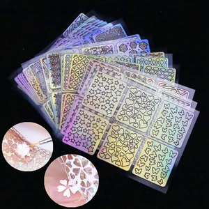 24 Sheets/set Irregular Grid Printed Square sticker Nail Art Hollow Laser Sticker Fashion Women Nail in Pakistan