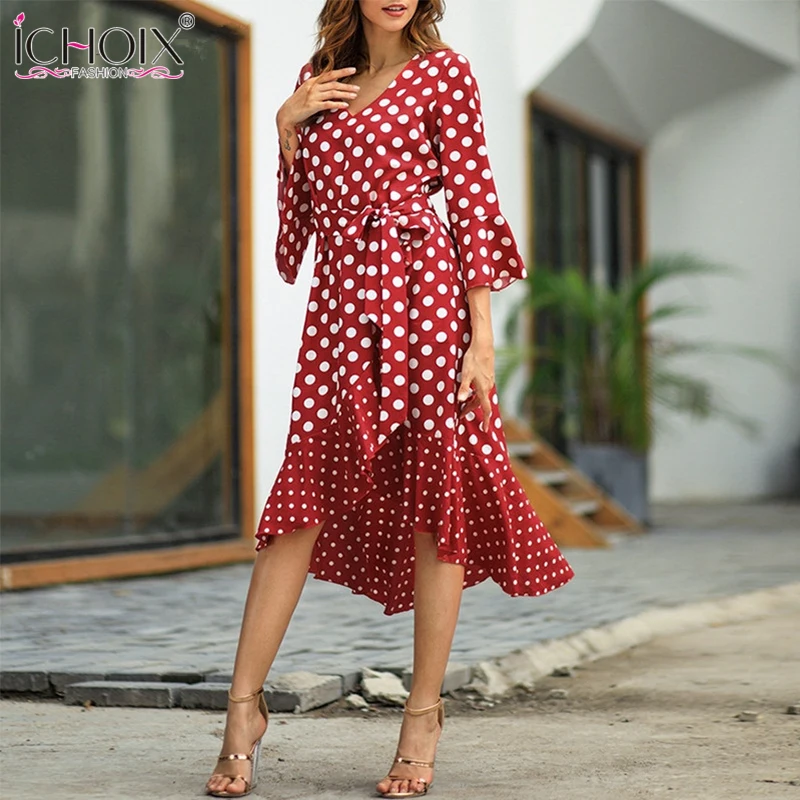 ICHOIX Новое Повседневное платье с запахом и оборками женское Элегантное летнее в