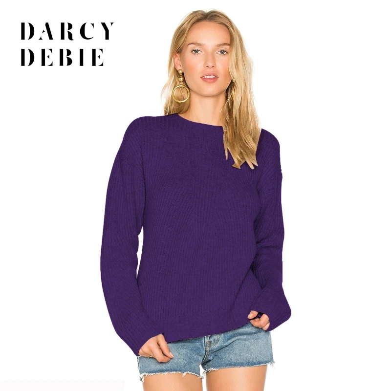 Darcydebie одежда однотонные Фиолетовые женские свитера с круглым вырезом и длинным рукавом трикотажные короткие женские топы Свободные повседневные уличные пуловеры
