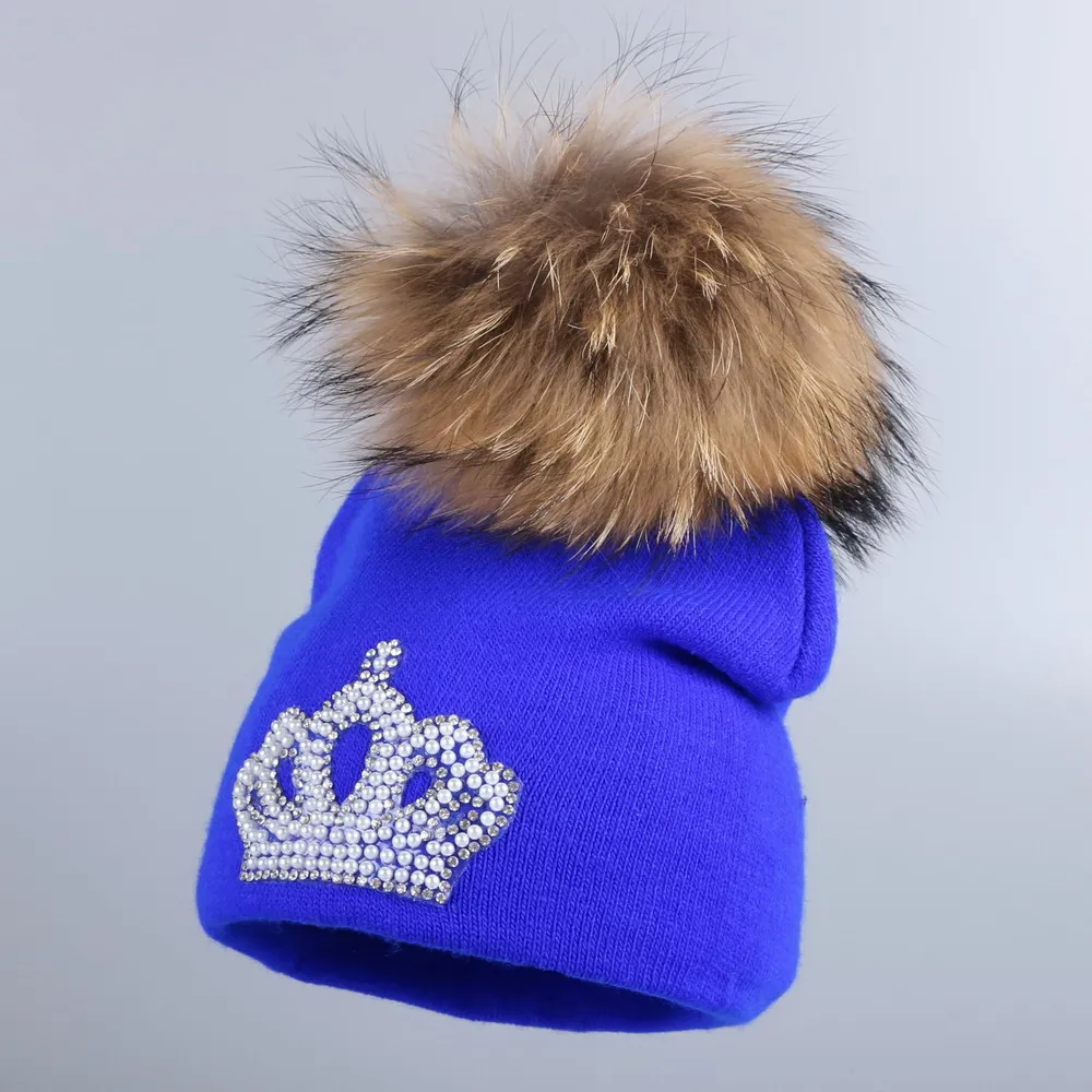 

0-2 year old baby beauty crown beanie 100% cotton warmer winter hats for girl boy genuine mink pompom kids skullies brand gorros