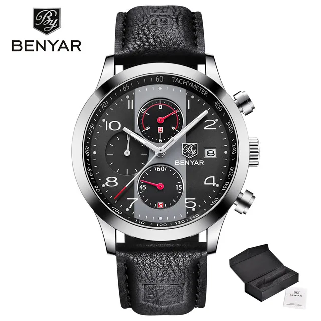 black BENYAR Топ люксовый бренд мужские спортивные часы кварцевые хронограф повседневные модные водонепроницаемые кожаные мужские наручные часы Relogio Masculino - Цвет: black