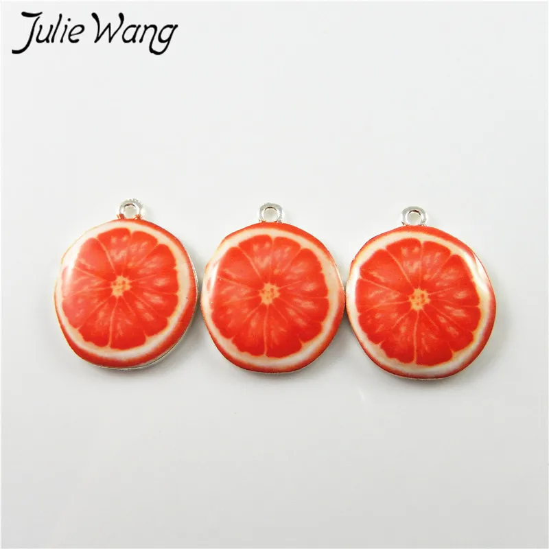 Julie Wang 10pcs Green Apple Kiwi Orange Strawberry Cute Fruit Shape Enamel Alloy Little Charms Women Jewelry Findings Hot Sale