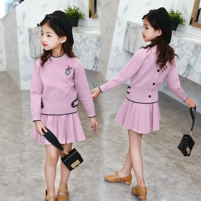 2017 комплекты одежды для девочек на осень и зиму свитер + платье теплые детей стиль