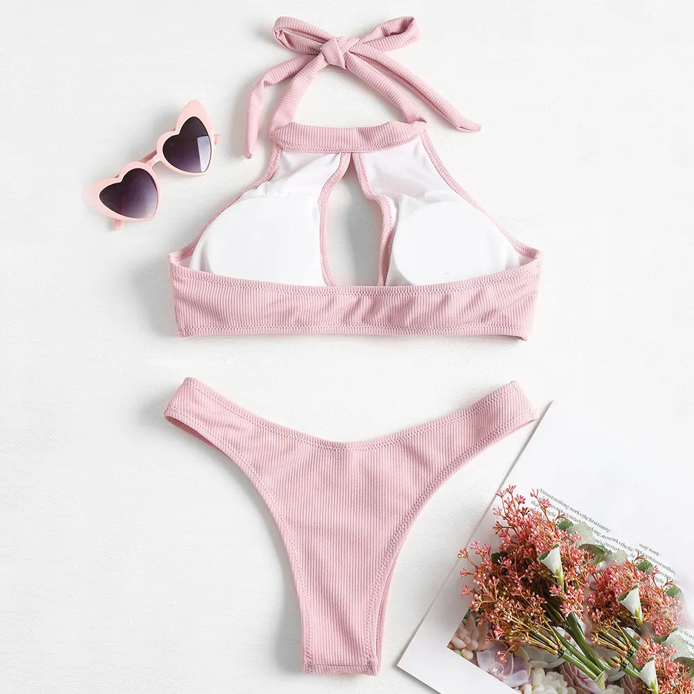 ZAFUL ребристые Замочная скважина бикини купальник для женщин высокая горловина