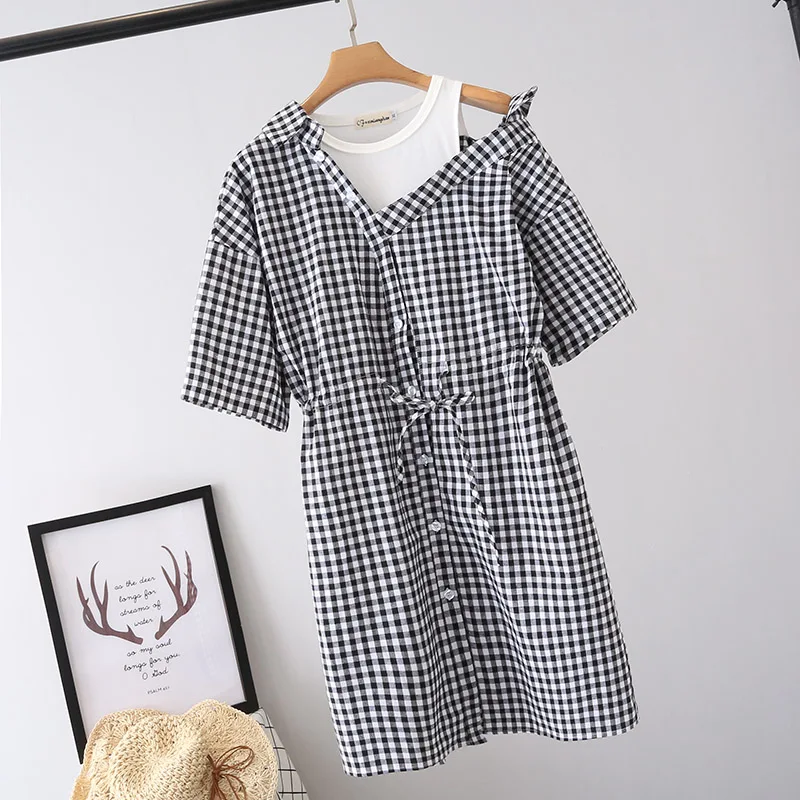 XL-3XL--dress Retro literary off-the-shoulder plaid fake two pieces mori girl dress | Женская одежда