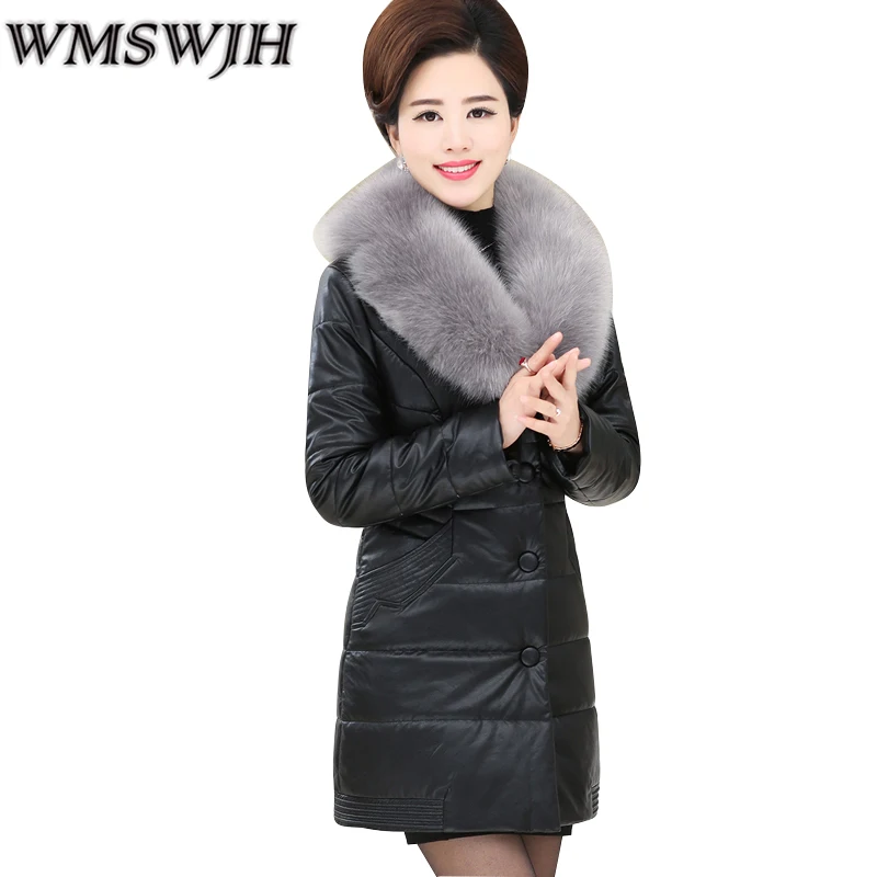 Женская Стеганая куртка WMSWJH длинная приталенная из искусственной кожи с меховым