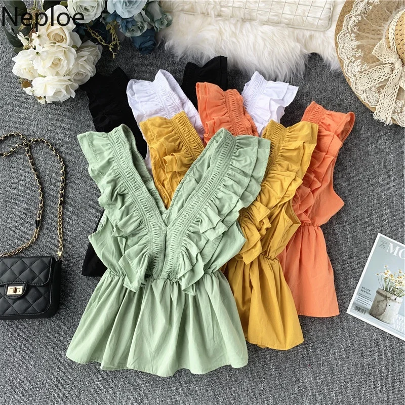 Neploe/однотонные женские блузки без рукавов модные блузы с v-образным вырезом и