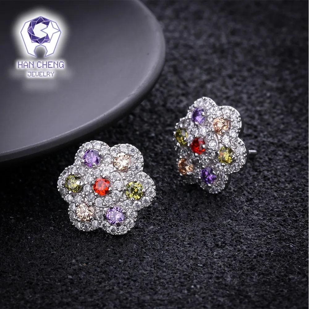 HanCheng New Fashion Copper Silver Plated AAA Zircon CZ Color Gem Stone Flower Stud Earrings For Women Jewelry brincos bijoux | Украшения и