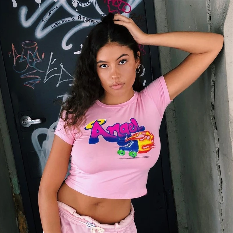 InstaHot Angel Printed Pink Short Sleeve T Shirts Women New Fashion Streetwear Sexy Cool Crop Tops Lady Tees Summer Style