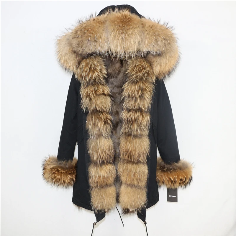 OFTBUY, длинная парка, зимняя куртка для женщин, натуральный Лисий мех енота, пальто с воротником, толстая теплая верхняя одежда, уличная одежда, съемная - Цвет: black natural