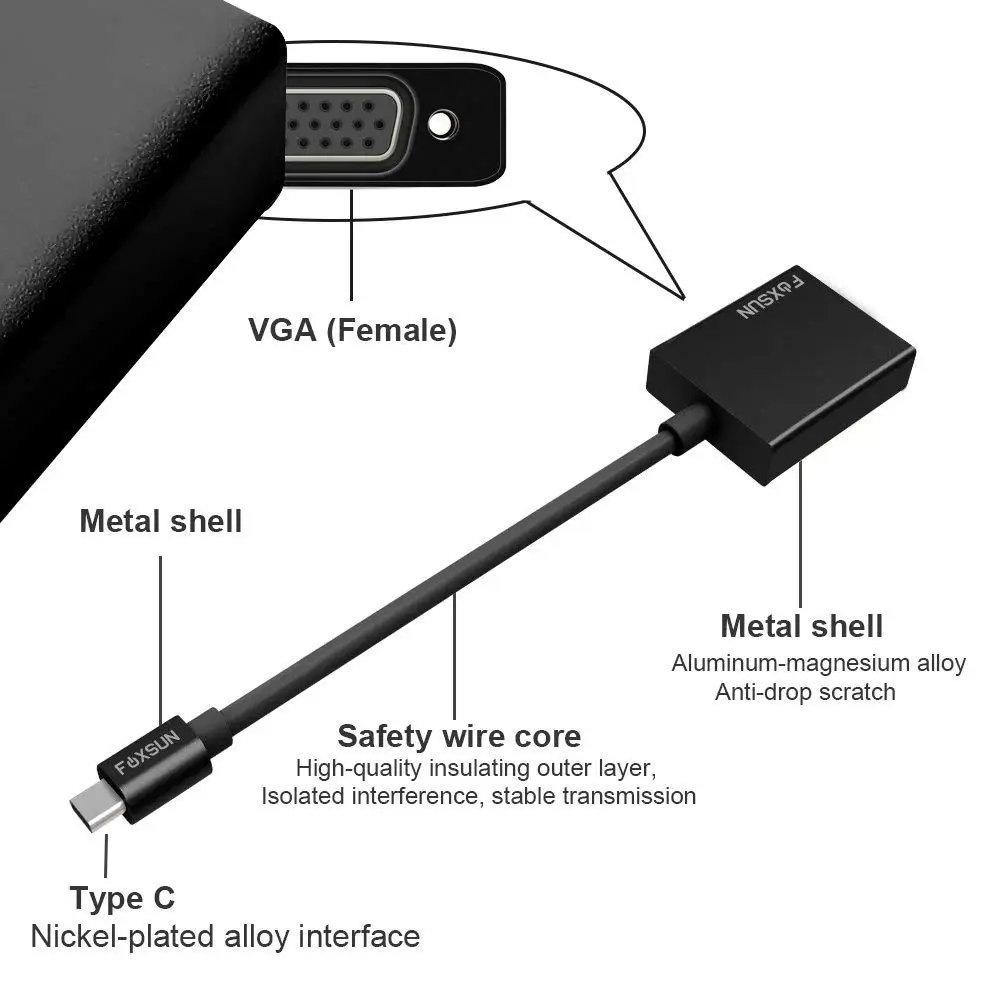 Адаптер USB 3 1 Type C (USB-C)-VGA совместим с Thunderbolt конвертер алюминиевым корпусом для