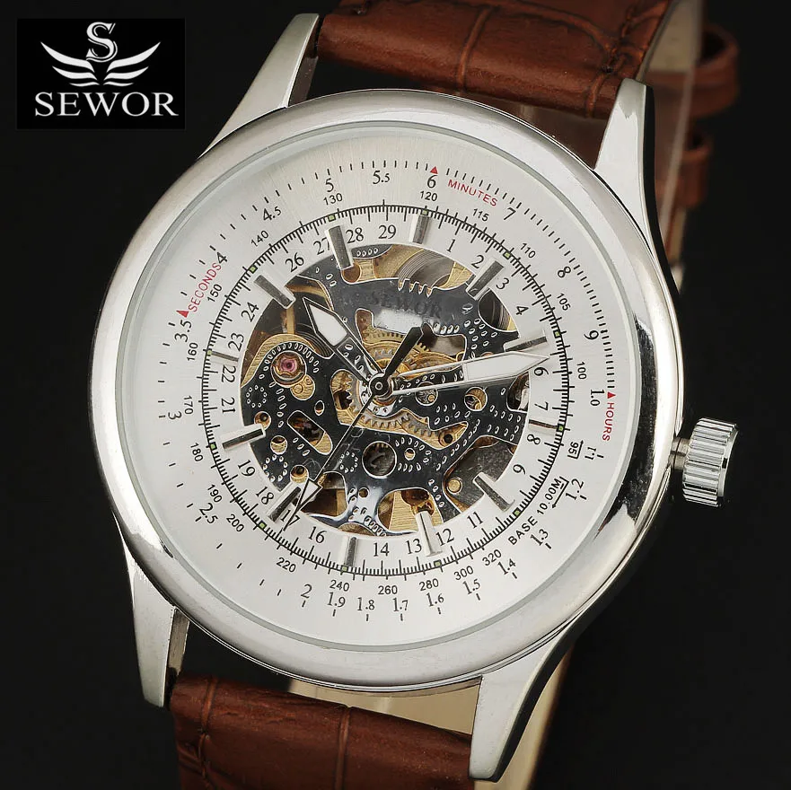Новинка 2016 модные мужские часы скелетоны SEWOR в стиле ретро с кожаным ремешком
