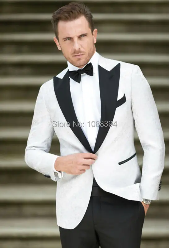 2016 New Formal Black Peaked Lapel White Blazer Groom Suits For Men Wedding Tuxedos Best Man Suit Bridegroom (Jacket+Pants+Bow)