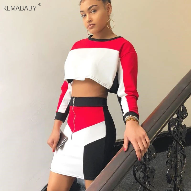 RLMABABY осень зима лоскутное спортивный костюм для женщин укороченный топ и юбка с