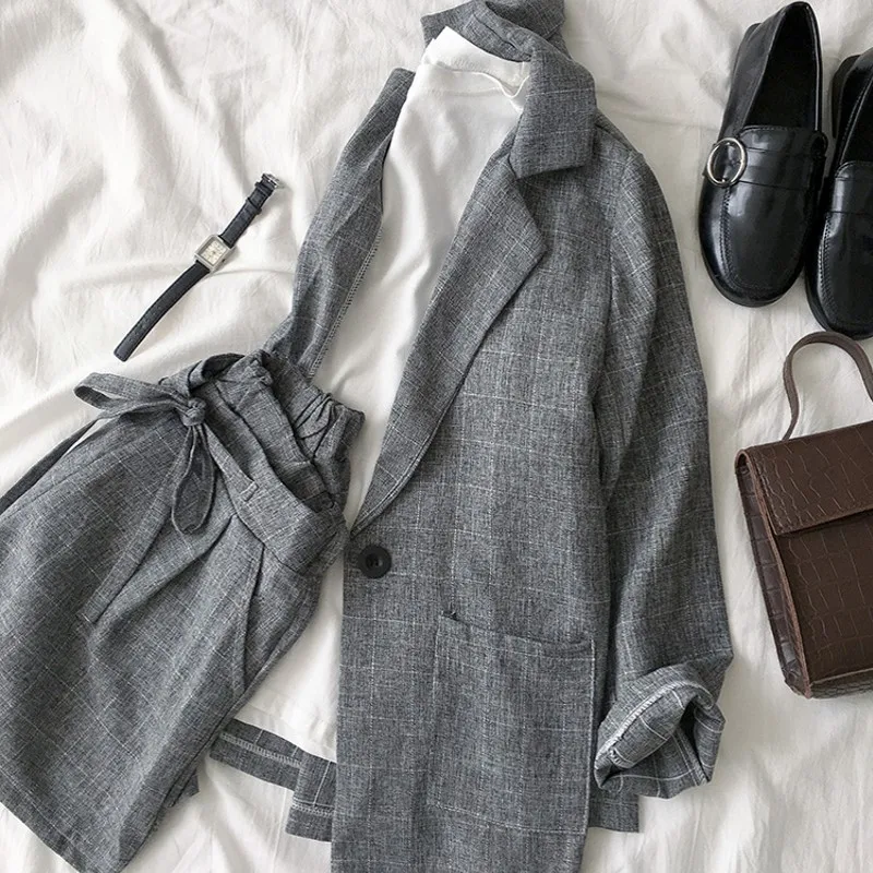 

2022 Spring summer Women two piece set Casual tops + shorts plaid Top Female Office Suit Set Women's 2 Piece Set