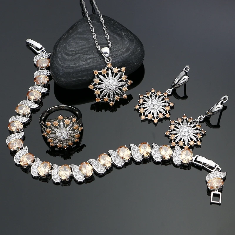 

Costume Bridal Silver 925 Jewelry Sets For Women Champagne Zircon Bracelet Pendant Necklace Ring Earrings Set Jewellery Gift Box