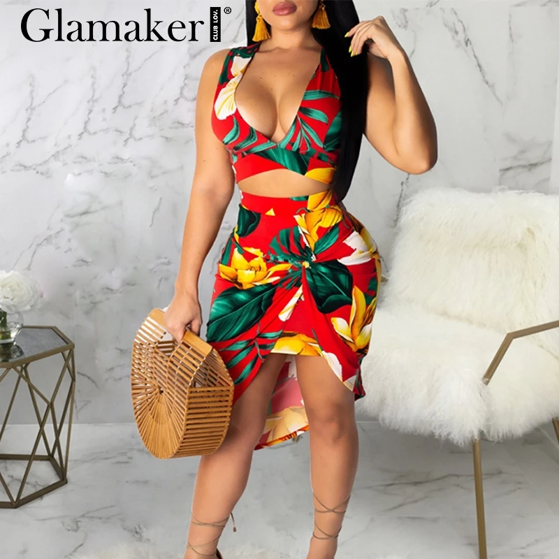 Glamaker, сексуальное женское платье с v-образным вырезом размера плюс, весна-лето, костюм из двух частей, элегантное платье миди, вечерние платья без рукавов для клуба, vestidos