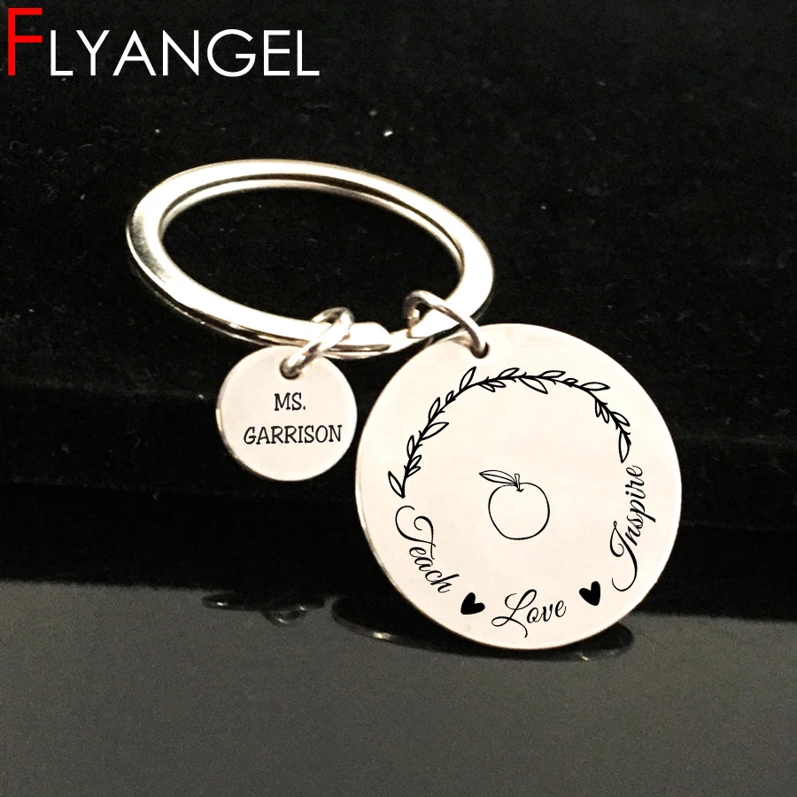 FLYANGEL персонализированный именной брелок для ключей с гравировкой Научите любовь Apple милые бирка для ключей с вышивкой на заказ Высокое качество Подарки, держатель для ключей для День учителя
